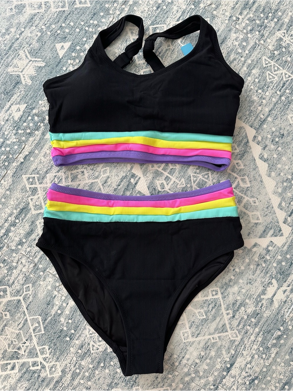 Women’s Black Two-Piece Swim Set with Rainbow Trim